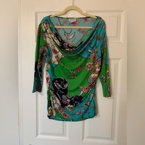 Carmen Marc Valvo Draped Neckline Green Floral Blouse Large Cottagecore‎ Fairy